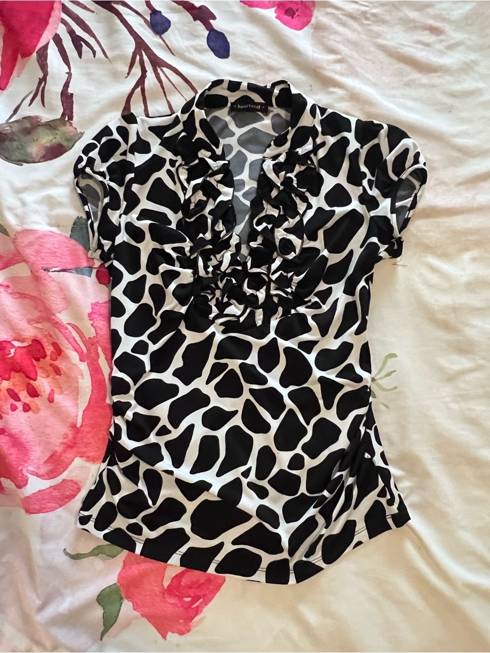 HeartSoul Black & White Ruffle V-Neck Top